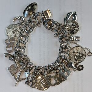 EC  TRIPLE LINK STERLING SILVER ALL MARKED CHUNKY CHARM BRACELET